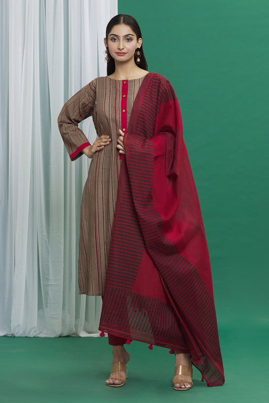 Brown Cotton Printed Stripe Round Kurta Set