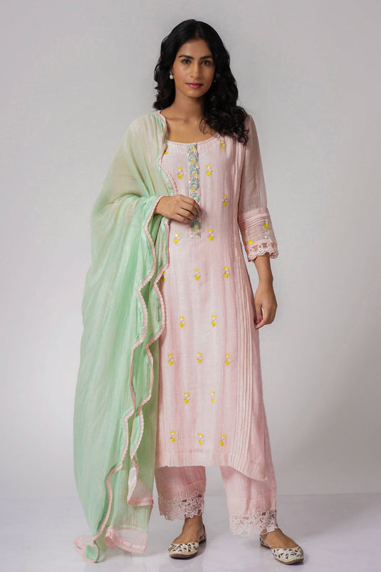 Pink Chanderi Embroidery Resham Round Shaffan Kurta Set