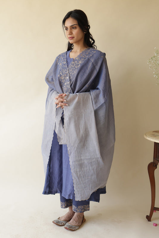 Blue Kurta Chanderi Embroidery Adiba Work Set