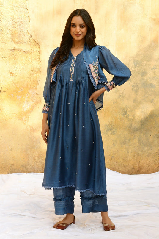 Blue Pure And Handwoven Banarasi Silk With Bemberg Jacket Kurta & Palazzo Set