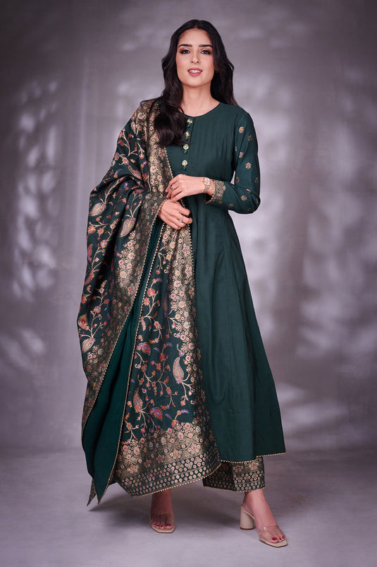 Green Moonga Silk Woven Floral Pattern Round Anarkali Set