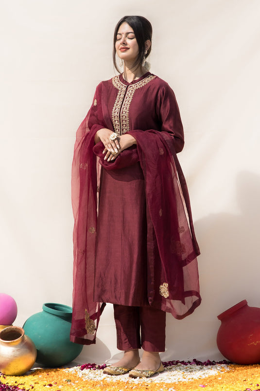 Wine Silk Chanderi Hand Embroidered Zardosi High Kamini Yoke Kurta Pant Set