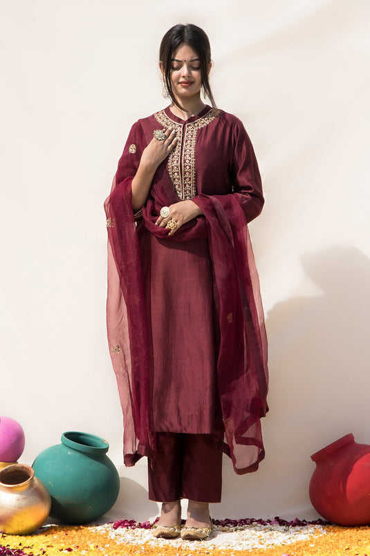 Wine Silk Chanderi Hand Embroidered Zardosi High Kamini Yoke Kurta Pant Set