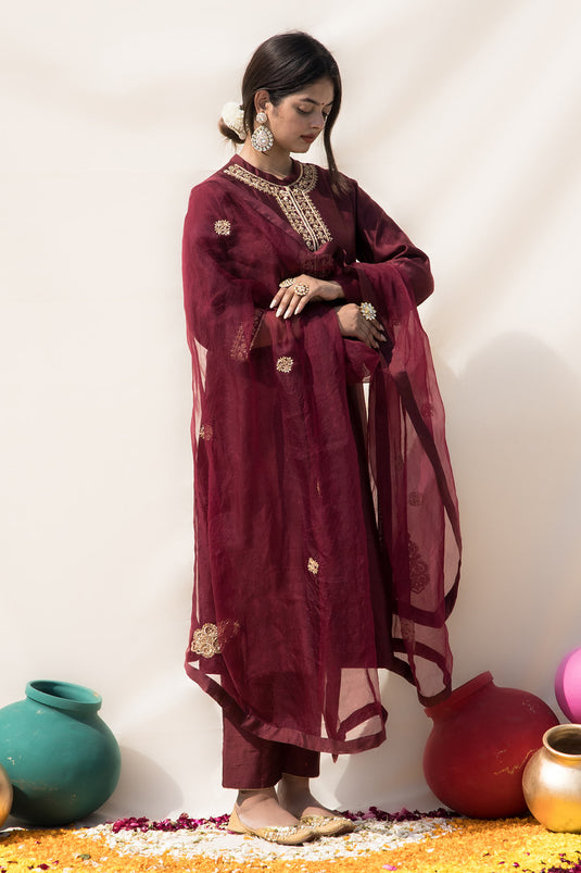 Wine Silk Chanderi Hand Embroidered Zardosi High Kamini Yoke Kurta Pant Set