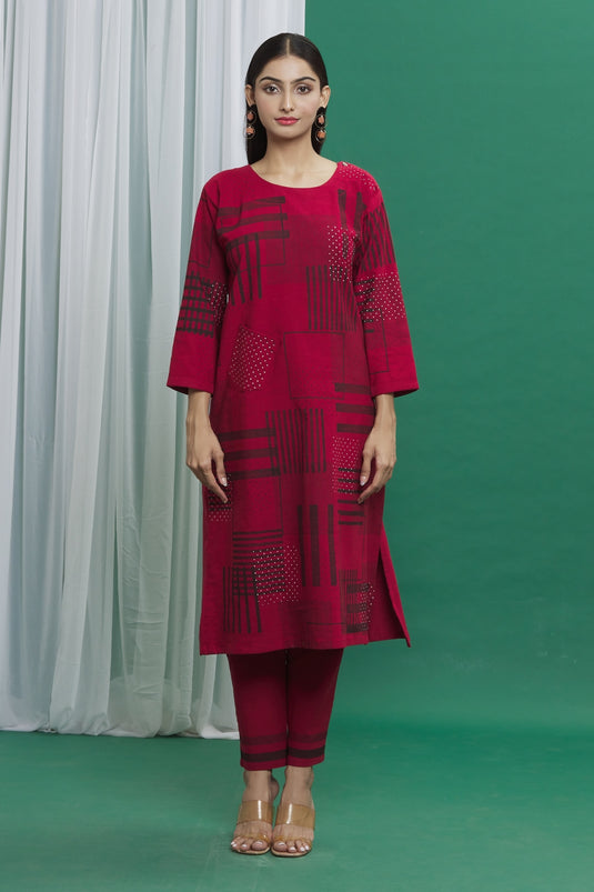 Red Cotton Printed Abstract Round Kurta Set