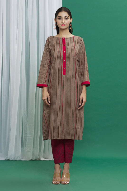 Brown Cotton Printed Stripe Round Kurta Set