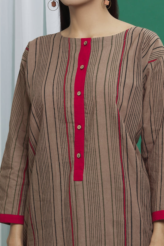 Brown Cotton Printed Stripe Round Kurta Set