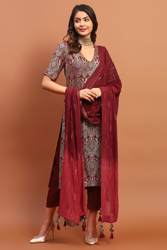 Maroon Georgette Printed And Embroidered Foil V Neck Kurta Pant Set