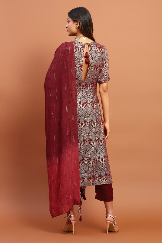 Maroon Georgette Printed And Embroidered Foil V Neck Kurta Pant Set