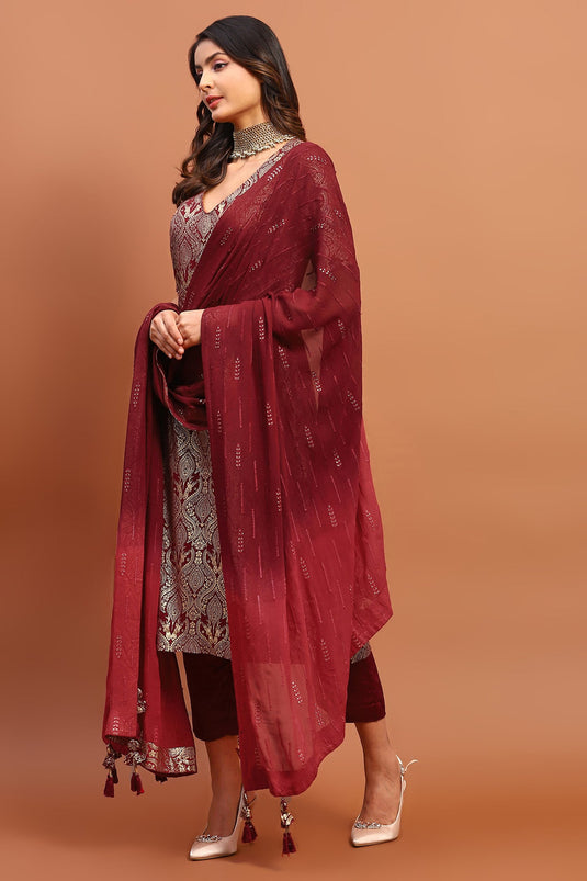 Maroon Georgette Printed And Embroidered Foil V Neck Kurta Pant Set