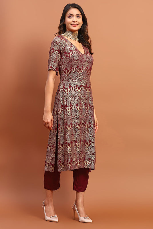 Maroon Georgette Printed And Embroidered Foil V Neck Kurta Pant Set