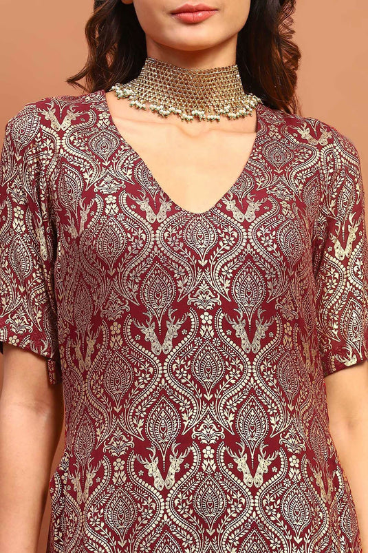 Maroon Georgette Printed And Embroidered Foil V Neck Kurta Pant Set