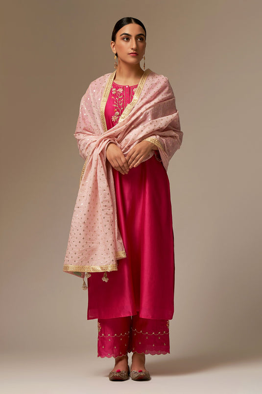 Fuchsia Silk Chanderi Embroidered Floral Round Kurta Pant Set