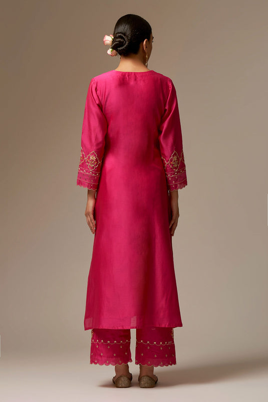 Fuchsia Silk Chanderi Embroidered Floral Round Kurta Pant Set