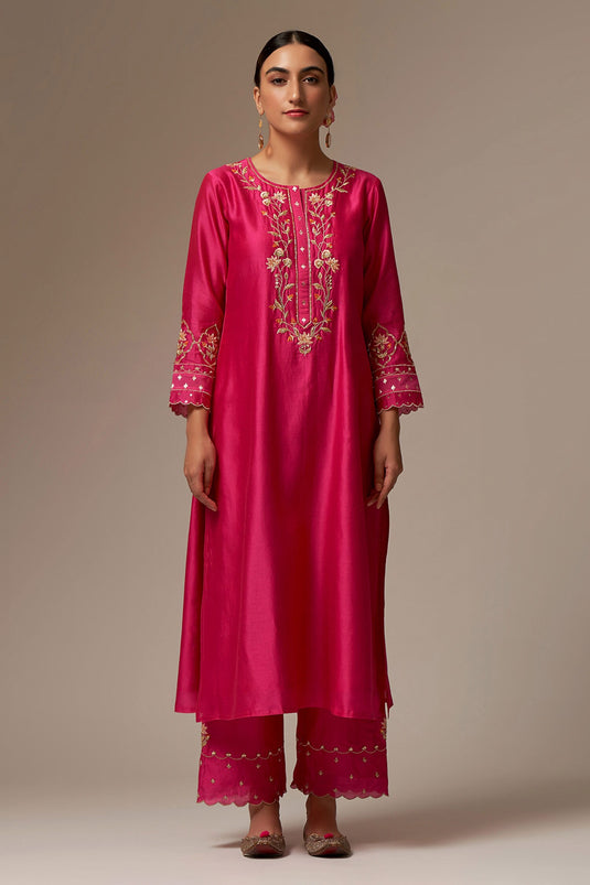 Fuchsia Silk Chanderi Embroidered Floral Round Kurta Pant Set