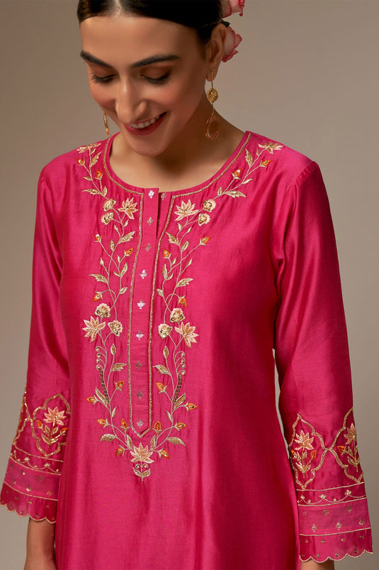 Fuchsia Silk Chanderi Embroidered Floral Round Kurta Pant Set