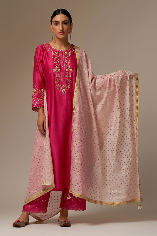 Fuchsia Silk Chanderi Embroidered Floral Round Kurta Pant Set