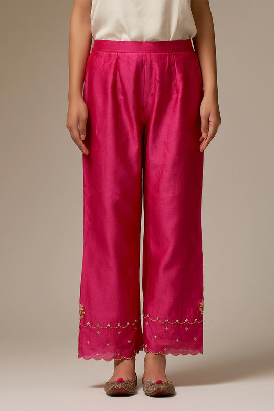 Fuchsia Silk Chanderi Embroidered Floral Round Kurta Pant Set