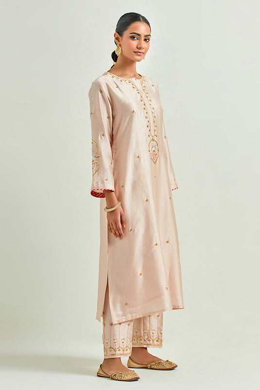 Pink Silk Chanderi Embroidered Sequins Round Scattered Floret Kurta Set