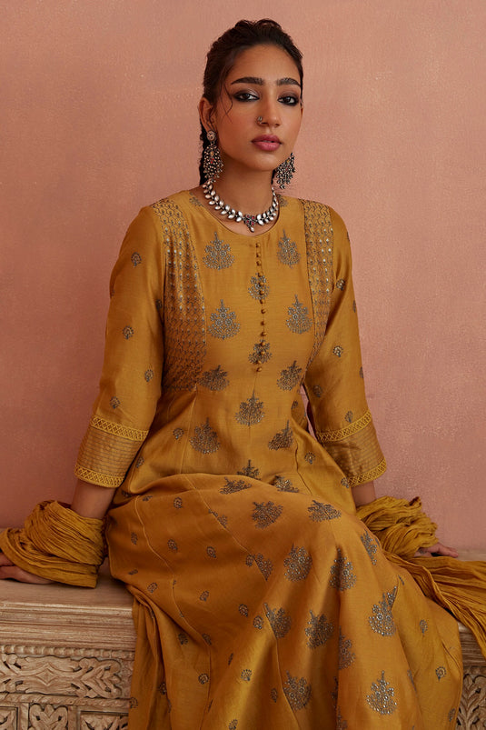 Yellow Chanderi Embroidered Thread Round A-line Kurta Pant Set