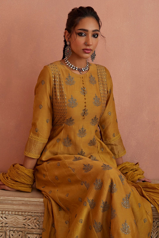 Yellow Chanderi Embroidered Thread Round A-line Kurta Pant Set