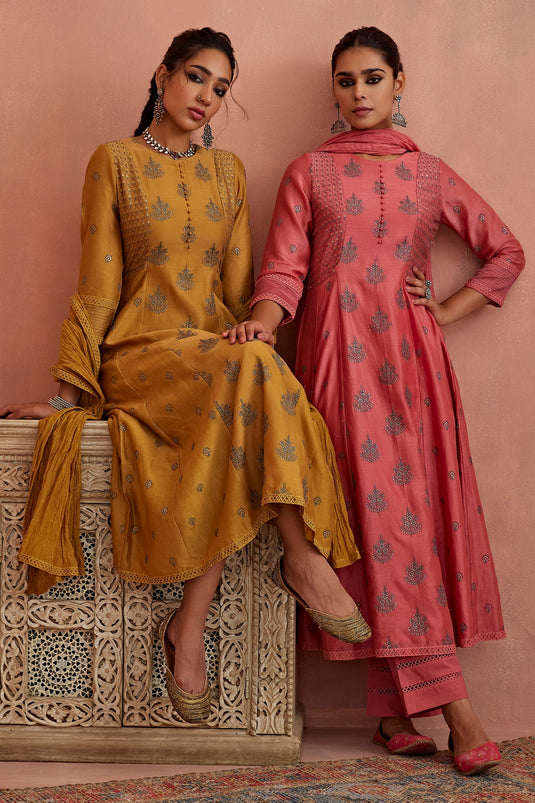 Yellow Chanderi Embroidered Thread Round A-line Kurta Pant Set