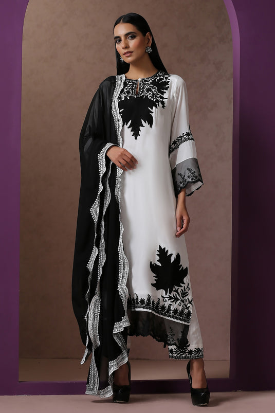 White Crepe Embroidery Kashmiri Aari Round Neck Kurta Set