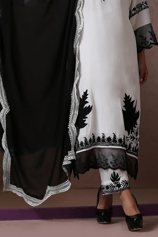 White Crepe Embroidery Kashmiri Aari Round Neck Kurta Set