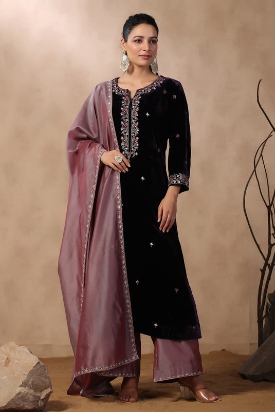 Purple Velvet Embroidered Kurta Set