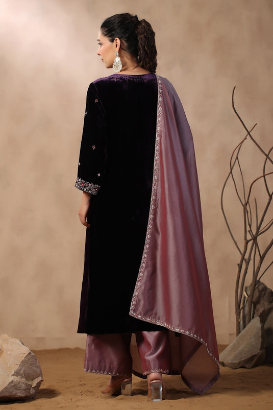 Purple Velvet Embroidered Kurta Set