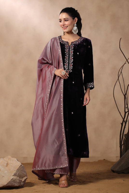 Purple Velvet Embroidered Kurta Set