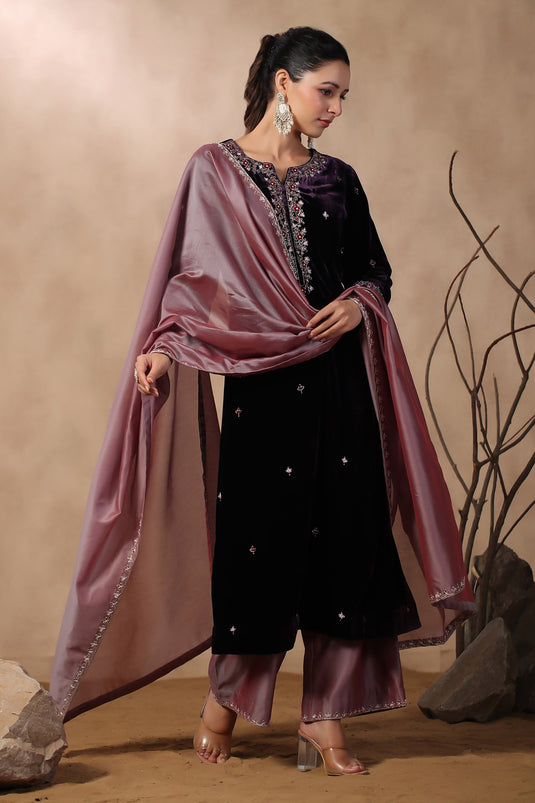 Purple Velvet Embroidered Kurta Set