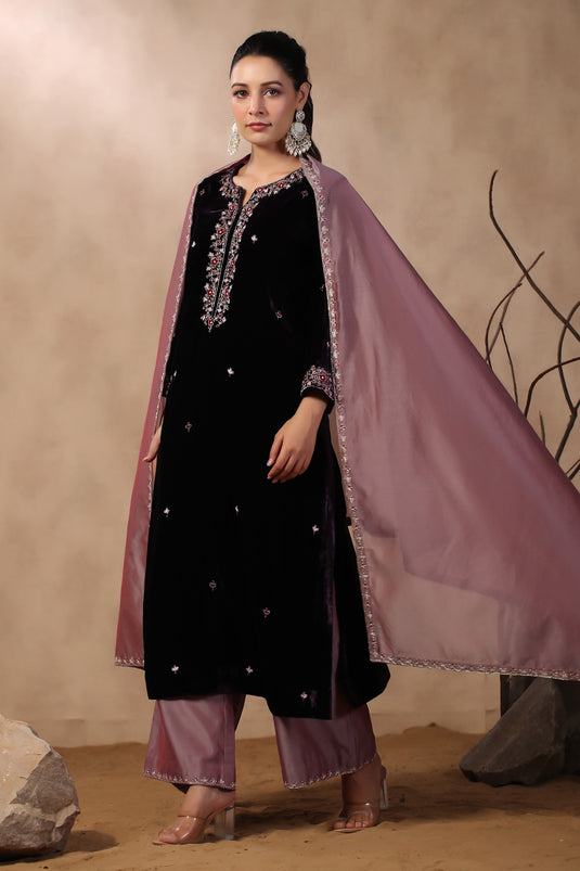 Purple Velvet Embroidered Kurta Set