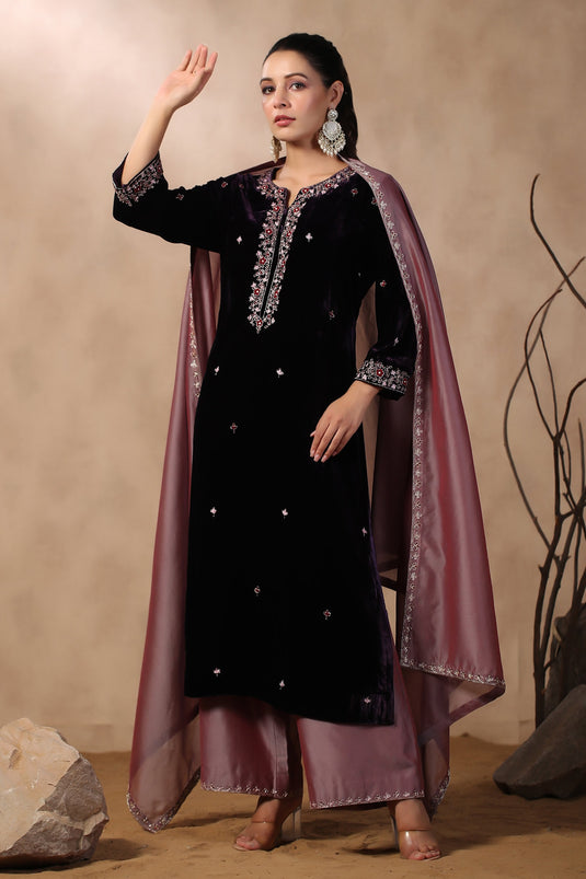 Purple Velvet Embroidered Kurta Set