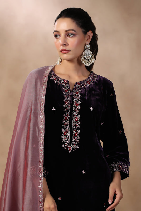 Purple Velvet Embroidered Kurta Set