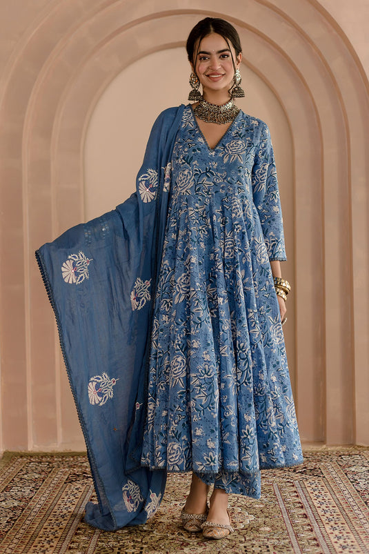 Blue Cotton Block Printed Floral V Neck Shaila Anarkali Pyjama Set