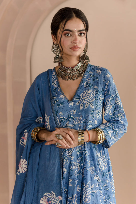 Blue Cotton Block Printed Floral V Neck Shaila Anarkali Pyjama Set