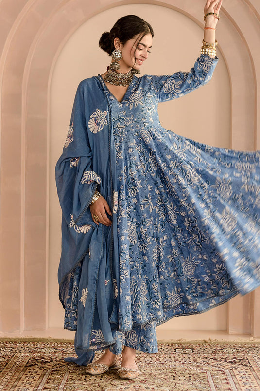 Blue Cotton Block Printed Floral V Neck Shaila Anarkali Pyjama Set