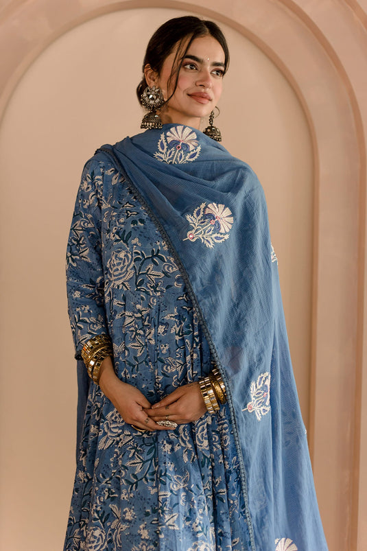 Blue Cotton Block Printed Floral V Neck Shaila Anarkali Pyjama Set