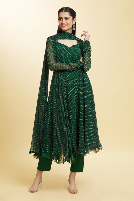 Green Kurta And Dupatta Georgette Leheriya Leaf Tree Top Pattern Anarkali Set