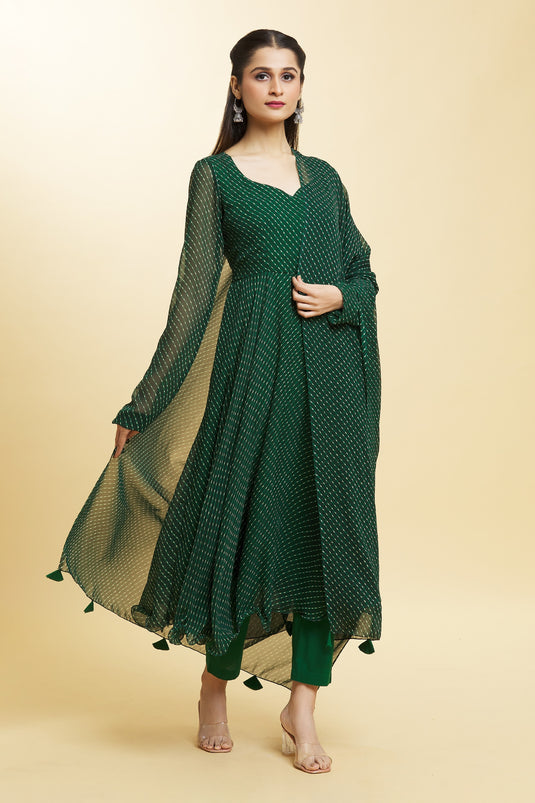 Green Kurta And Dupatta Georgette Leheriya Leaf Tree Top Pattern Anarkali Set