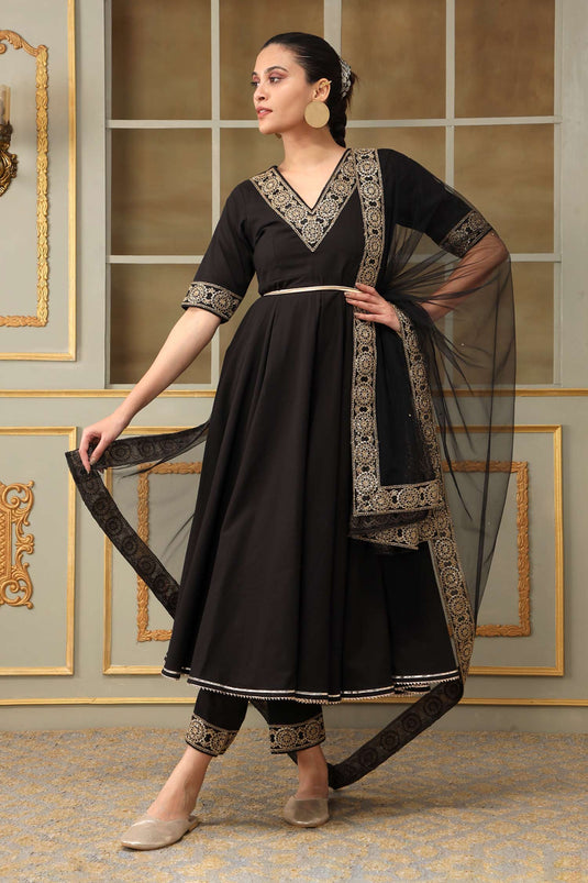 Black Anarkali And Pant Cotton Embellished Lace V Neck Saadgi Sunheri Set