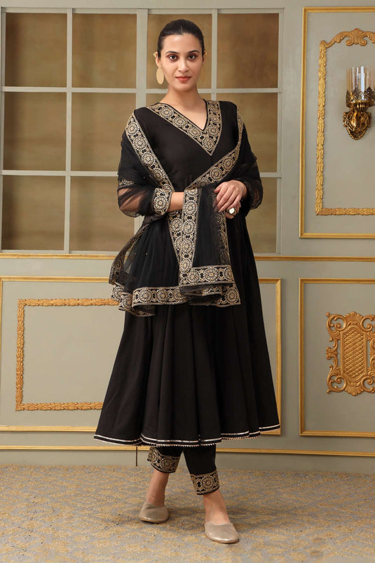 Black Anarkali And Pant Cotton Embellished Lace V Neck Saadgi Sunheri Set