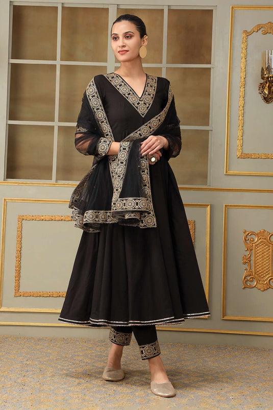 Black Anarkali And Pant Cotton Embellished Lace V Neck Saadgi Sunheri Set