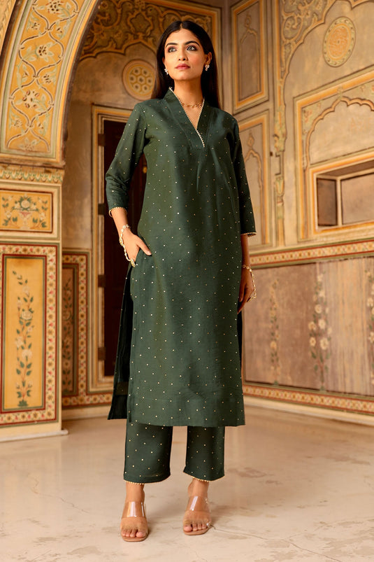 Green Chanderi Embroidery Mukaish V Neck Kurta Set