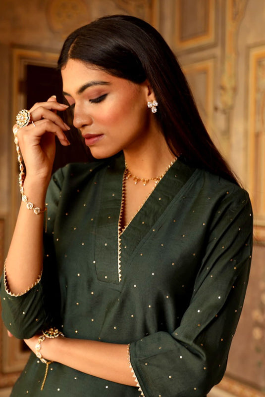 Green Chanderi Embroidery Mukaish V Neck Kurta Set