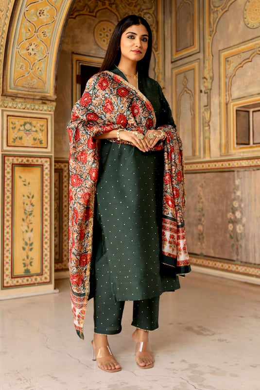 Green Chanderi Embroidery Mukaish V Neck Kurta Set