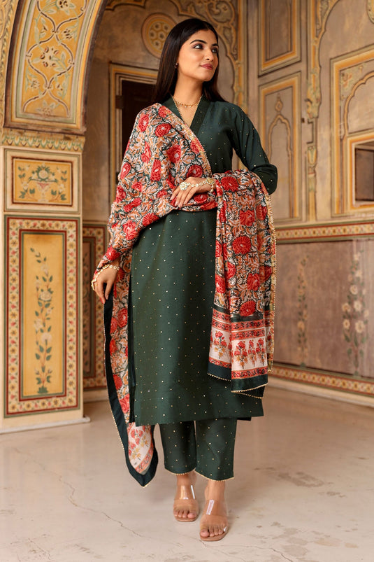 Green Chanderi Embroidery Mukaish V Neck Kurta Set