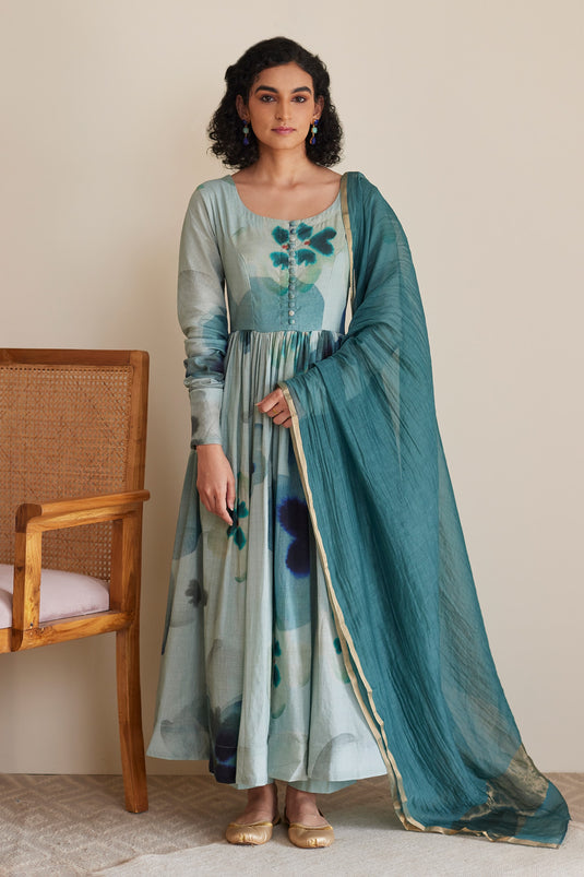 Blue Cotton Print Watercolor Bloom Round Neck Sham Anarkali Set