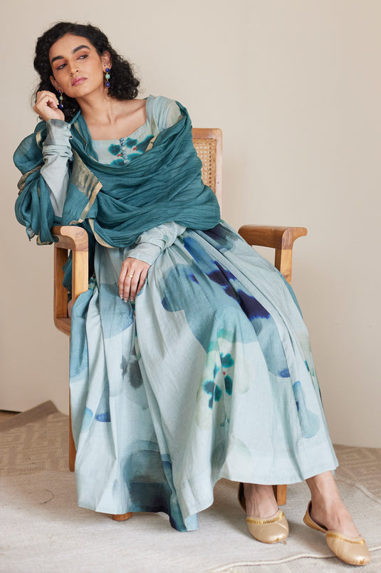 Blue Cotton Print Watercolor Bloom Round Neck Sham Anarkali Set